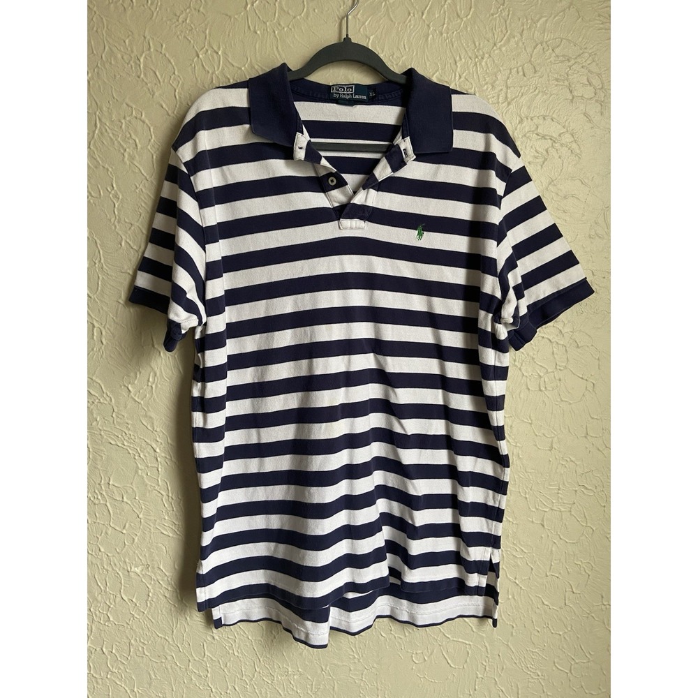 Ralph Lauren Polo Shirt Adult Sz XL Navy White Stripe Pony Cotton Short Sleeve